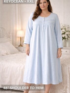 Keyocean Blue Cotton Nightgown XXL Lace Pintuck Long Sleeve Cottagecore